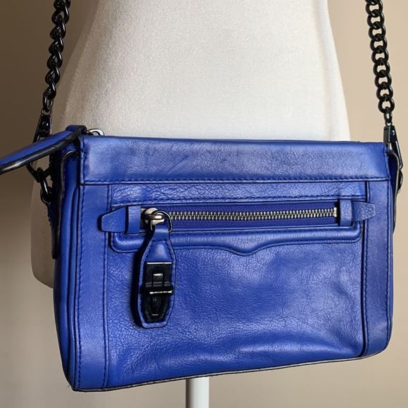 Rebecca Minkoff Purse Crossbody Bag Blue Leather Black Chain Small Medium Used - Picture 3 of 9